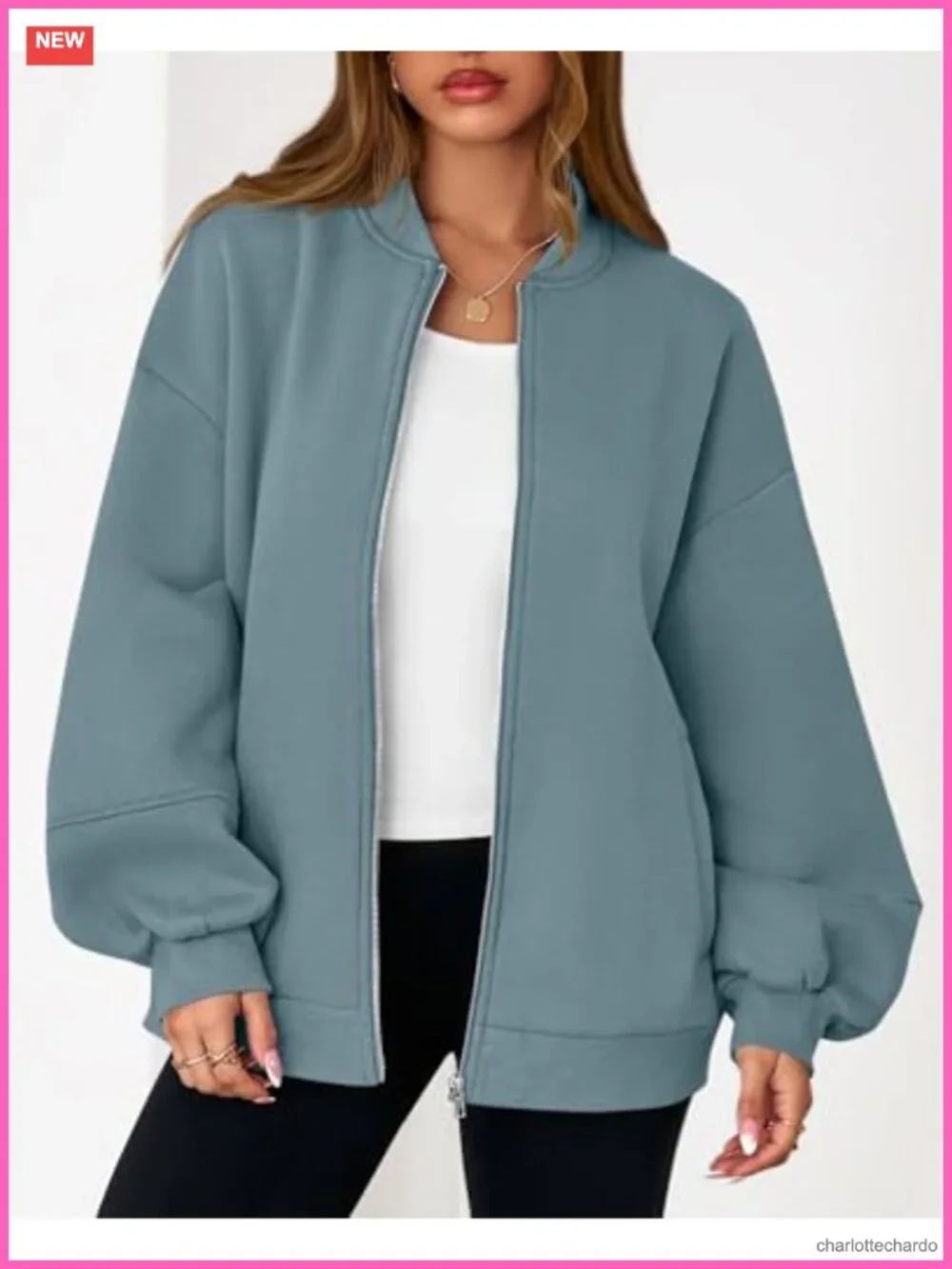 Oversized Zip Up Bomber Jacket Women Fleece Lined Sweatshirt with Pockets